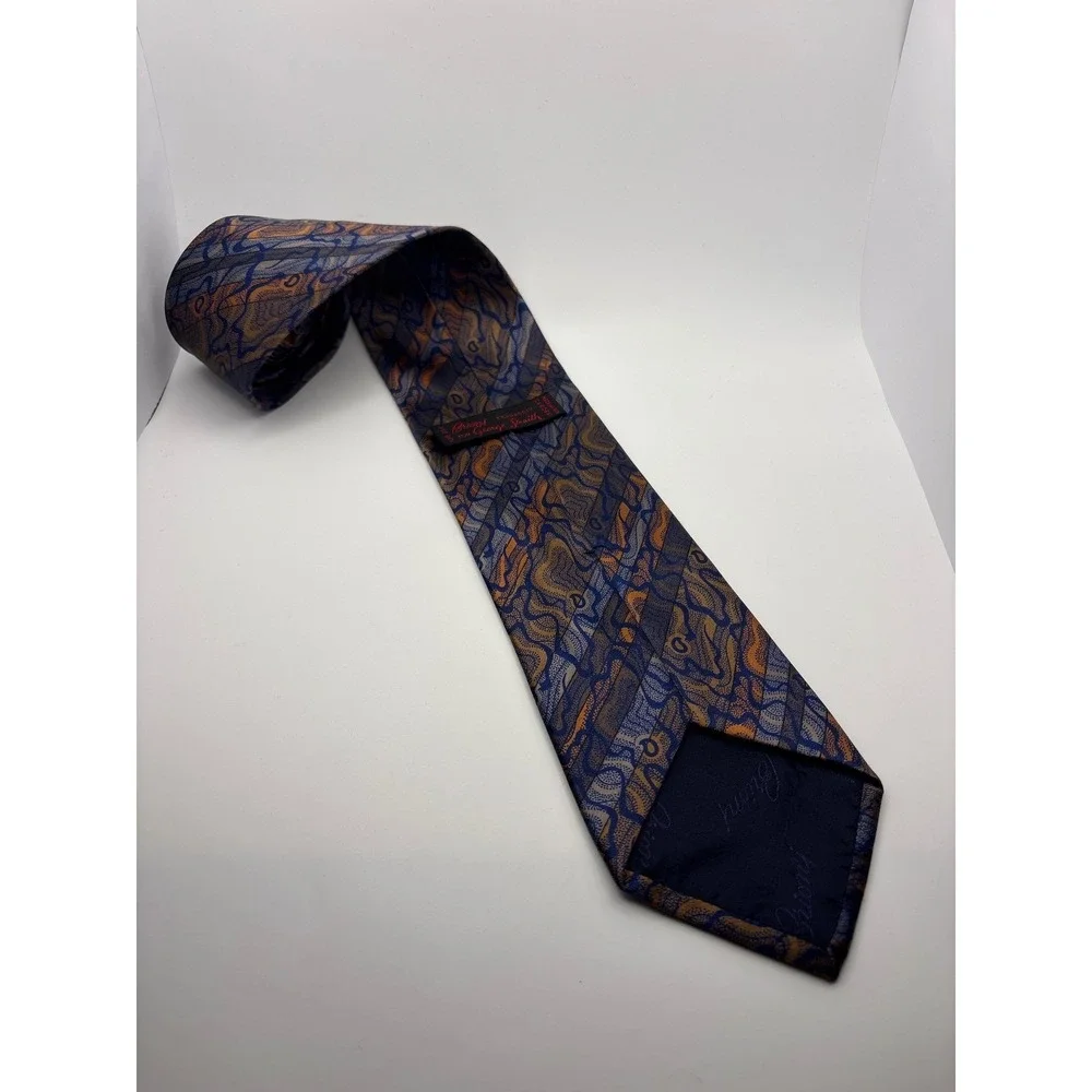 Brioni Silk Tie Blue Orange Abstract Swirl Geometric Pattern Made in Italy
